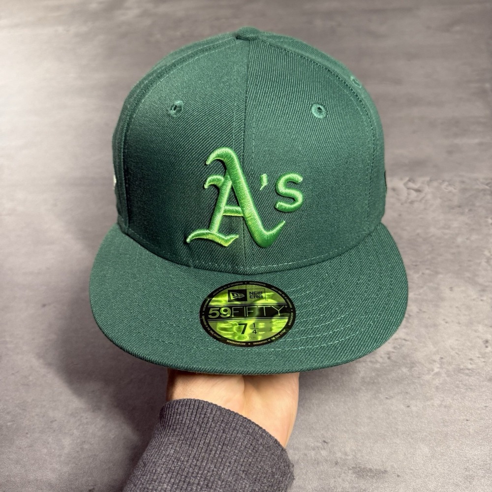 Hat Club Oakland Athletics A's New Era Cap 7 1/4 Dark Lime Green Side Patch Gold - Picture 2 of 7